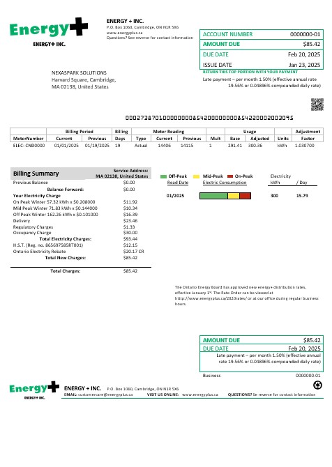 USA Massachusetts Energy Plus electricity business utility bill template in Word and PDF formats